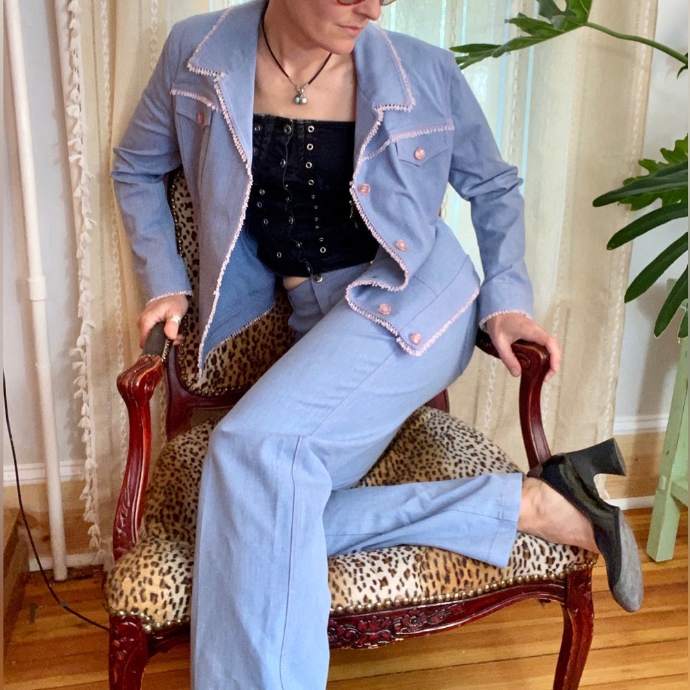 Y2k vintage Escada Light Blue Wide-Leg pants with beaded Jacket set pant suit